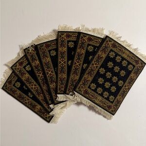 Turkoman Bokhara Coaster  Set of 7 Black & Gold Rugs with Fringe. NWOT